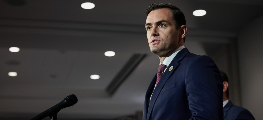 Rep. Mike Gallagher (R-Wis.) speaks to reporters after a House Republican Caucus meeting, September, 21, 2021