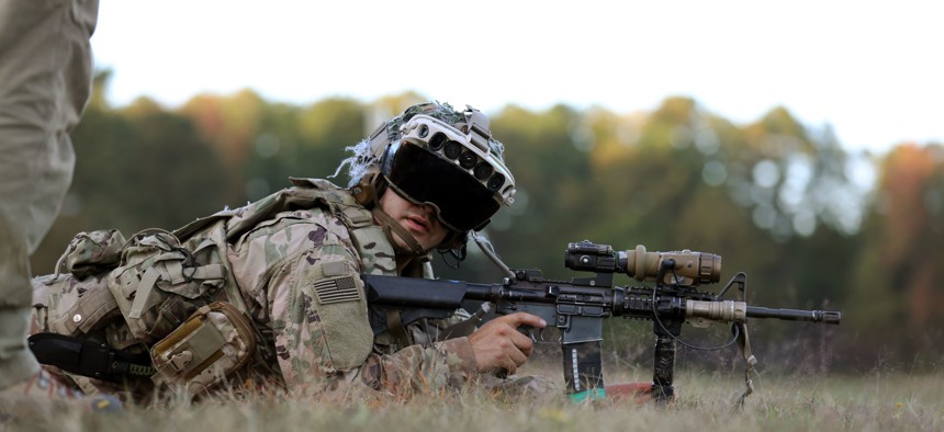A soldier tests an IVAS prototype at Ft. Pickett, Virginia in October 2020.