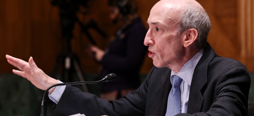 Gary Gensler, chair of the Securities and Exchange Commission, testifies at a Senate hearing in September 2021.