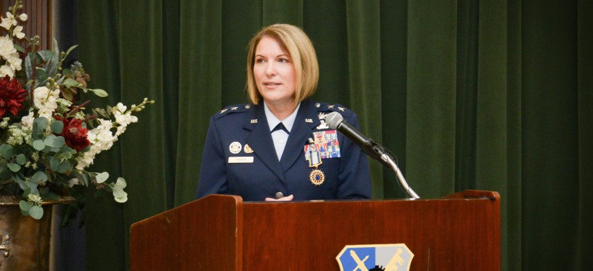 Then-U.S. Air Force Maj. Gen. Mary F. O’Brien, former Twenty-Fifth Air Force commander, delivers final remarks during the Twenty-Fifth Air Force change of command ceremony at Joint Base San Antonio-Lackland, Texas, Aug. 29, 2019.