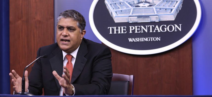 Nand Mulchandani, then head of the Director of the Pentagon’s Joint Artificial Intelligence Center, briefs reporters at the Pentagon on Sept. 10, 2020.