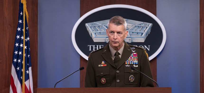 Chief of the National Guard Bureau Gen. Daniel R. Hokanson briefs reporters on June 23, 2021.