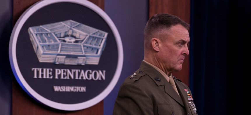 Joint Artificial Intelligence Center director U.S. Marine Corps Lt. Gen. Michael Groen briefs reporters on April 9, 2021.