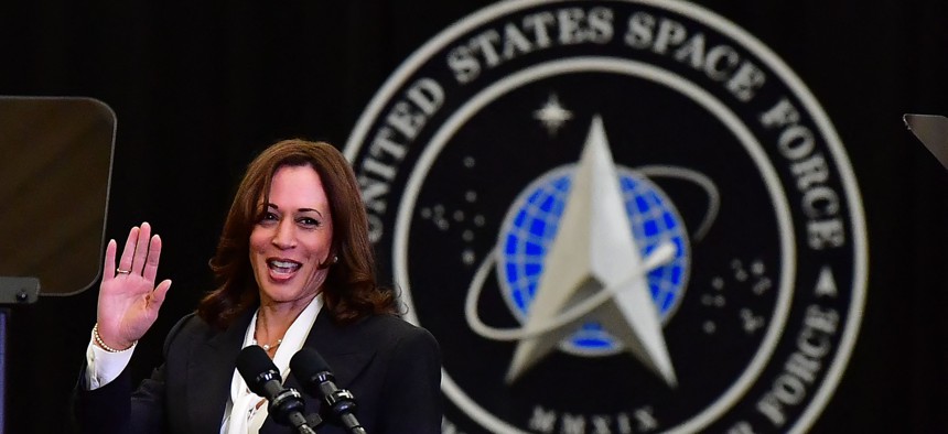 U.S. Vice President Kamala Harris waves to the crowd just before delivering a speech at the Command Space Center at Vandenberg Space Force base in Lompoc, Calif. on April 18, 2022. 