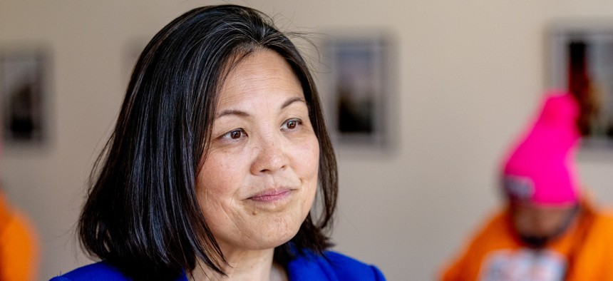 Deputy Labor Secretary Julie Su visits a New York City restaurant in April 2022.