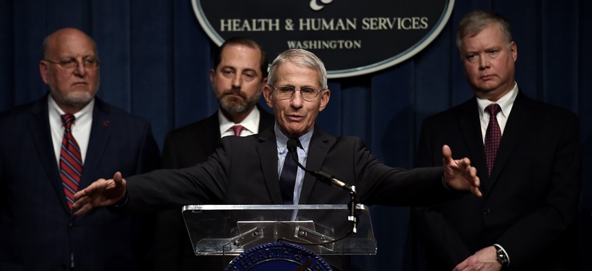 Dr. Anthony Fauci speaks at a Feb. 7 2020 press conference on the coronavirus response with (L-R) Centers for Disease Control and Prevention Director Robert R. Redfield, Health and Human Services Secretary Alex Azar and Deputy Secretary of State Stephen Biegun.