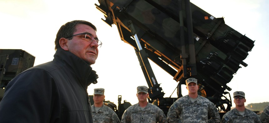 Ashton B. Carter, then U.S. Deputy Secretary of Defense speaks to U.S. troops upon his arrival at a Turkish army base in Gaziantep, Turkey, in 2013.