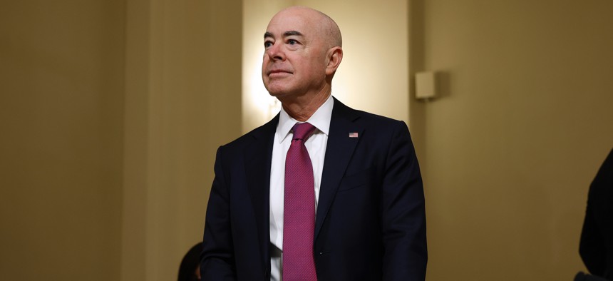 Homeland Security Secretary Alejandro Mayorkas prepares to testify before the House Homeland Security Committee in the Cannon House Office Building on Capitol Hill on Nov. 15, 2022. 