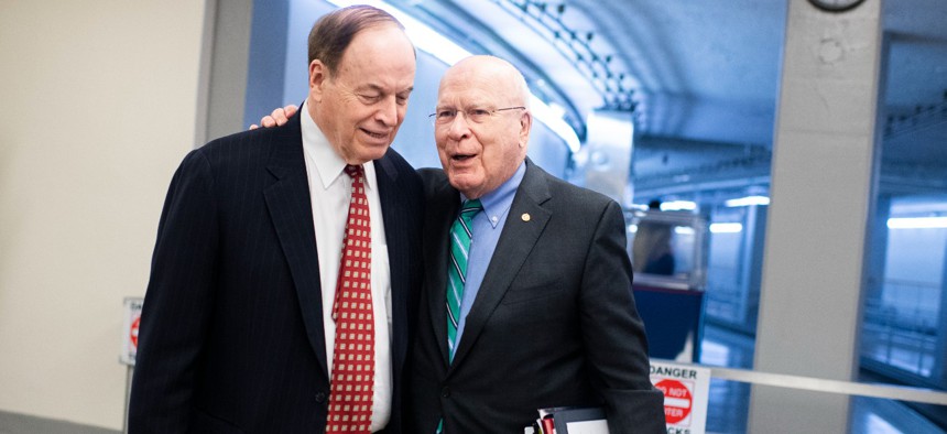 Sens. Patrick Leahy, D-Vt., right, and Richard Shelby, R-Ala., leaders of the Senate Appropriations Committee, announced the framework Tuesday evening along with the chairwoman of the House Appropriations Committee. 