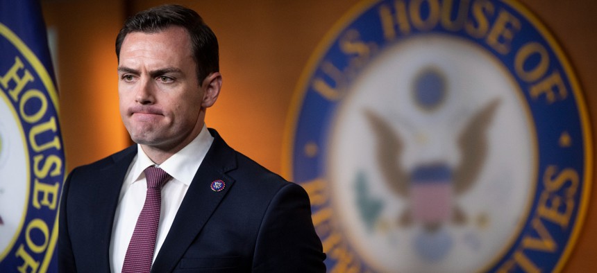 Rep. Mike Gallagher (R-Wis.) attends a news conference following the House Republicans caucus meeting in Washington on Tuesday, June 29, 2021. 