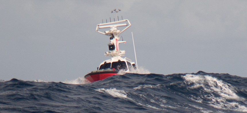 An unmanned surface vessel demonstrates autonomous navigation maneuvers in Hawaii in October 2022