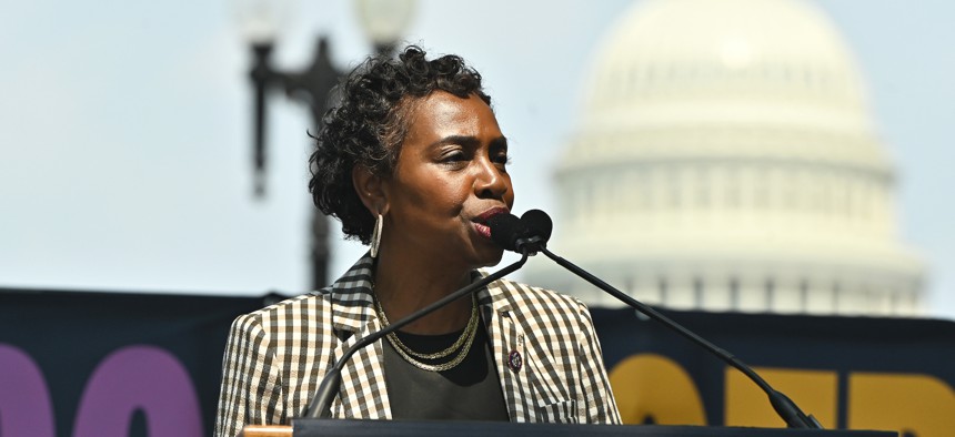 Rep. Yvette Clarke (D-N.Y.) speaks at a climate action rally in 2021.